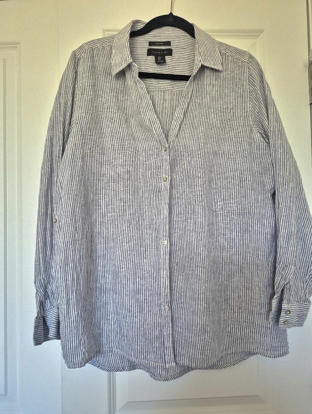 Tahari Blue and White Striped Linen Button-Down Shirt